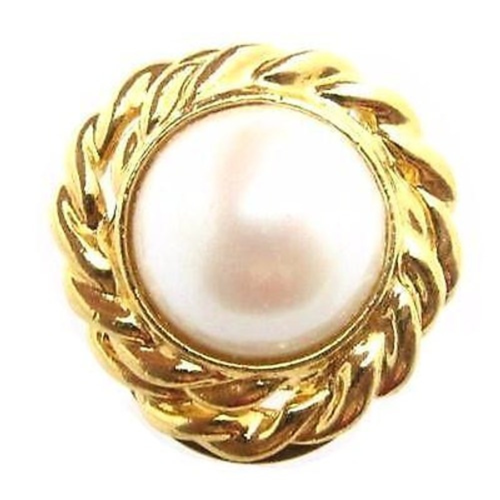 Vintage Beautiful Large Round Faux Pearl Cab Textured Gold Plated Scarf Clip
